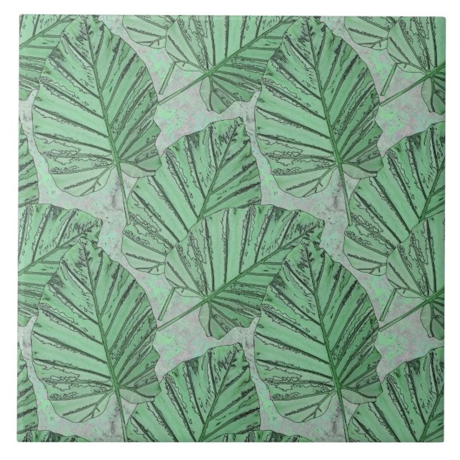 Azulejo Hojas verdes sobre una piedra gris. (Frente)