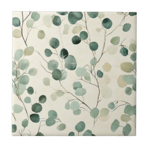 Azulejo Hojas verdes terrosas con fondo de otoño crema