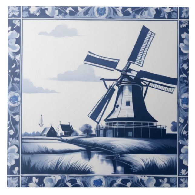 Azulejo Holanda Molino de viento Delft Azul y Blanco (Frente)