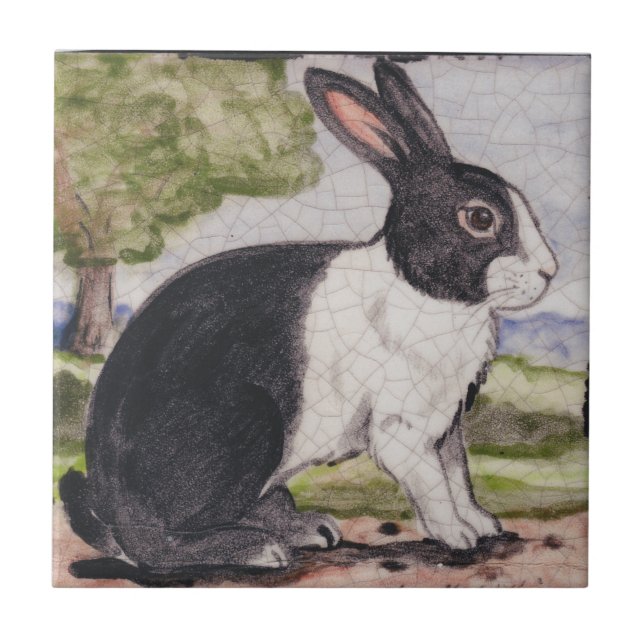 Azulejo Holandés Conejo Bunny Paisaje Negro y Blanco Pascu (Frente)
