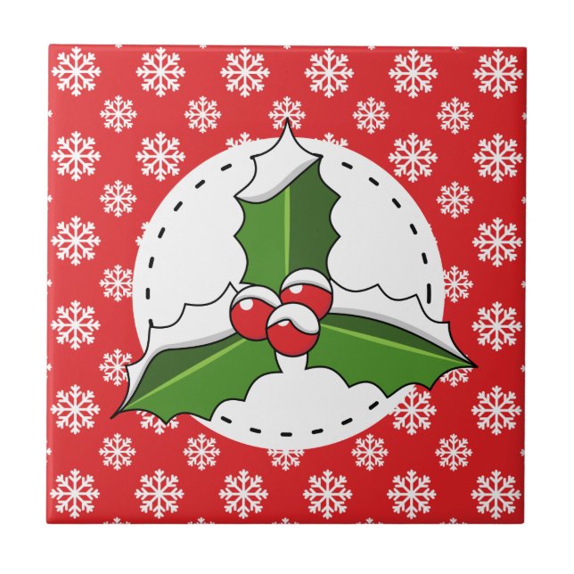 Azulejo Holly Berry on Red White Snowflakes Pattern (Frente)