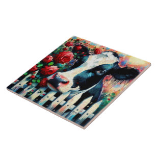 Azulejo Holstein Cow Picket Fence Red Roses Black Red