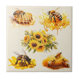 Azulejo HONEY BEES FLOWERS HONEYCOMB | Mosaico cerámico