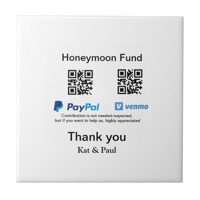 Azulejo Honeymoon Fund PayPal Venmo código QR gracias (Frente)