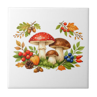 Azulejo Hongos, bayas y hojas de la naturaleza del bosque