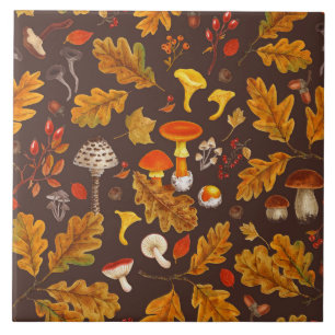 Azulejo Hongos forestales y flora otoñal en marrón