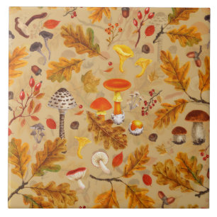 Azulejo Hongos forestales y flora otoñal en ocre