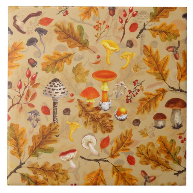 Azulejo Hongos forestales y flora otoñal en ocre (Frente)