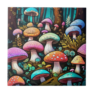 Azulejo Hongos lindos hojas diseño de núcleo de cabaña