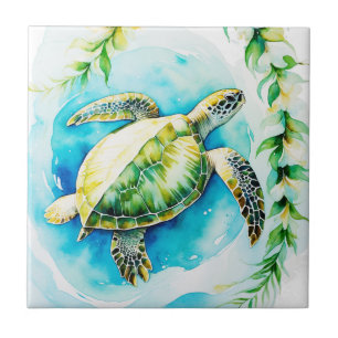 Azulejo Honu hawaiano con Plumeria y acuarela