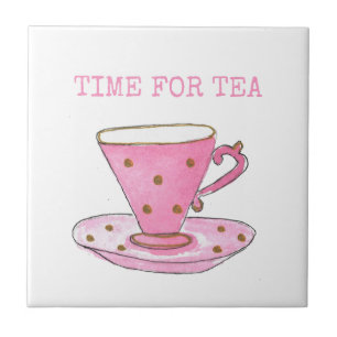 Azulejo Hora adorable para taza de té de acuarela rosa