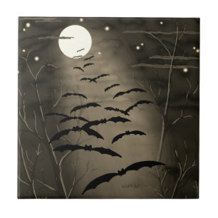Azulejo Hora Embrujada Luna Llena Murciélagos Halloween Vi