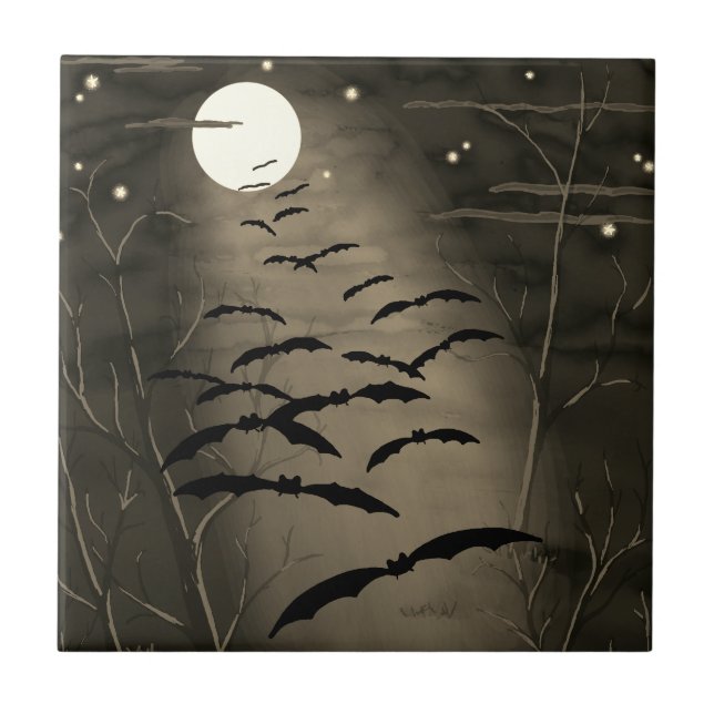 Azulejo Hora Embrujada Luna Llena Murciélagos Halloween Vi (Frente)
