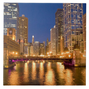 Azulejo Horizonte de Chicago, Illinois, y río Chicago en