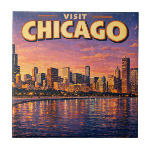 Azulejo horizonte de Chicago y lago Michigan al atardecer