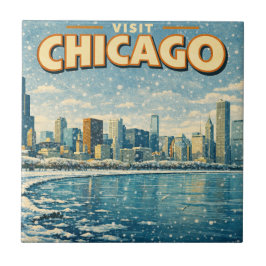 Azulejo horizonte de Chicago y lago Michigan en invierno 