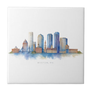 Azulejo Horizonte de la ciudad de Boston en acuarela Mod