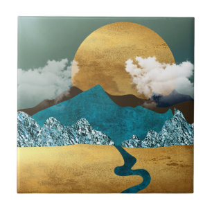 Azulejo Horizonte Dorado con Montañas Azules