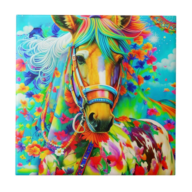 Azulejo Horse Adorne con flores (Frente)