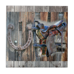 Azulejo Horse Saddle Horseshoe Rústico Oeste