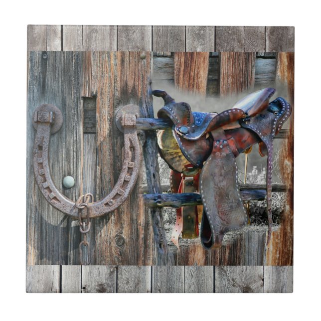 Azulejo Horse Saddle Horseshoe Rústico Oeste (Frente)