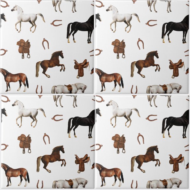 Azulejo Horses Watercolor Horseshoe Horse Saddles (Horses Watercolor Horseshoe Horse Saddles Ceramic Tile)