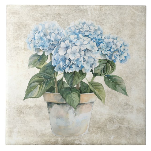 Azulejo Hortensia Azul Acuarela Rústica  (Frente)