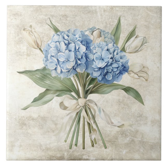 Azulejo Hortensia Azul Floral Acuarela Rústica  (Frente)