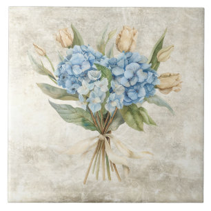 Azulejo Hortensia Azul Floral Acuarela Rústica