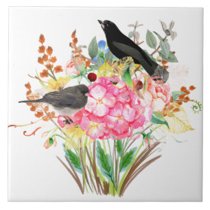Azulejo Hortensia en acuarela decorativa con pájaros