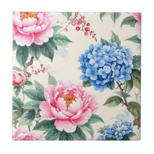 Azulejo Hortensia y Peonía Botánicas Azul Cobalto