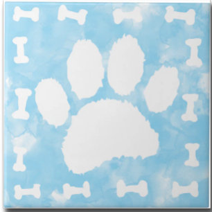 Azulejo Huellas de pata de mascota en acuarela y huesos az