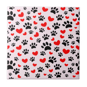 Azulejo Huellas de patas de perro negras Corazones rojos R