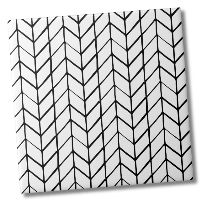 Azulejo Hueso blanco negro moderno (Modern Chic Black White Herringbone Ceramic Tile)