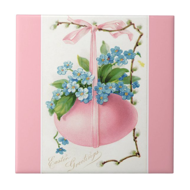 Azulejo Huevo y flores rosadas de Pascua (Frente)