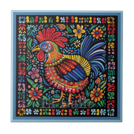 Azulejo Huichol Loteria Tile Cerámico: El Gallo Tile