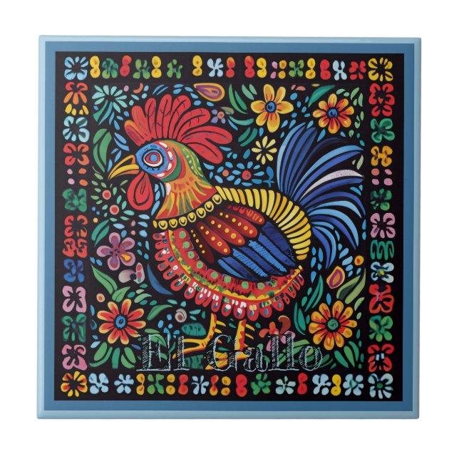 Azulejo Huichol Loteria Tile Cerámico: El Gallo Tile (Frente)