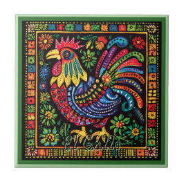 Azulejo Huichol Loteria Tile Cerámico: El Gallo Tile