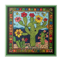 Azulejo Huichol Loteria Tile Cerámico:El Nopal Tile Cerámi