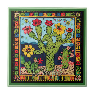 Azulejo Huichol Loteria Tile Cerámico:El Nopal Tile Cerámi