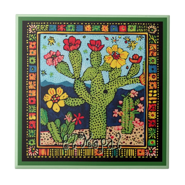 Azulejo Huichol Loteria Tile Cerámico:El Nopal Tile Cerámi (Frente)