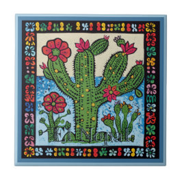 Azulejo Huichol Loteria Tile Cerámico:El Nopal Tile Cerámi