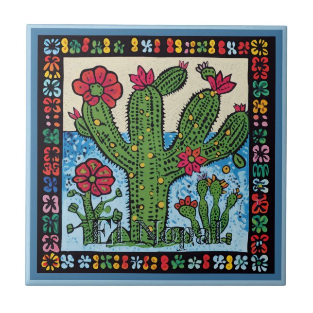 Azulejo Huichol Loteria Tile Cerámico:El Nopal Tile Cerámi (Frente)