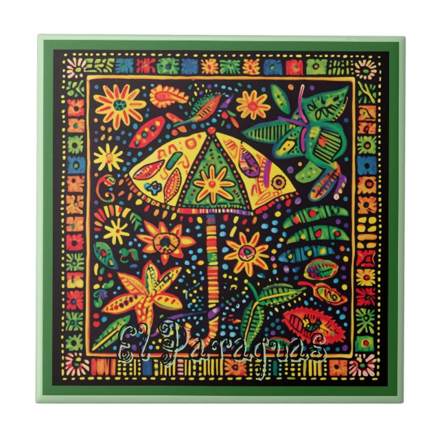 Azulejo Huichol Loteria Tile Cerámico: El Paraguas Tile (Frente)