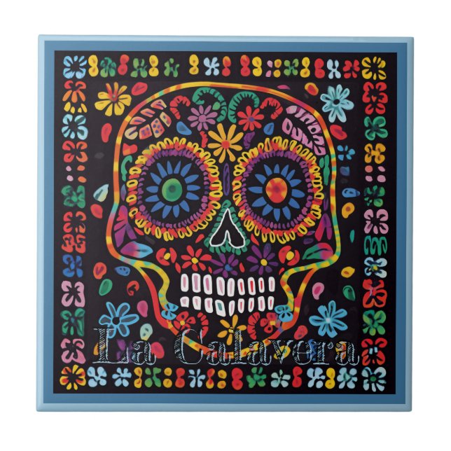 Azulejo Huichol Loteria Tile Cerámico:La Calavera Tile (Frente)