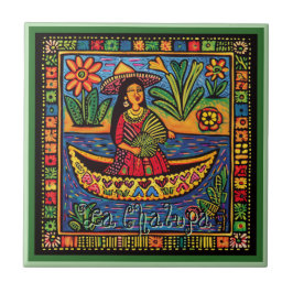 Azulejo Huichol Loteria Tile Cerámico: La Chalupa Cerámica
