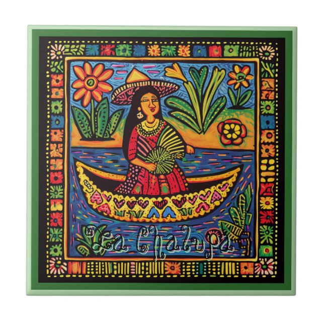 Azulejo Huichol Loteria Tile Cerámico: La Chalupa Cerámica (Frente)