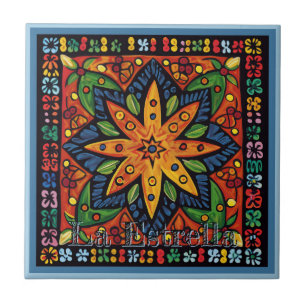 Azulejo Huichol Loteria Tile Cerámico: La Estrella Tile