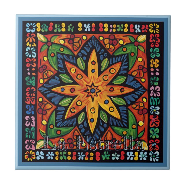 Azulejo Huichol Loteria Tile Cerámico: La Estrella Tile (Frente)