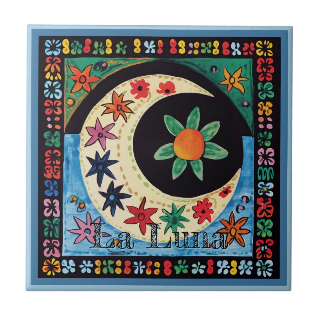 Azulejo Huichol Loteria Tile Cerámico: La Luna Tile Cerámi (Frente)